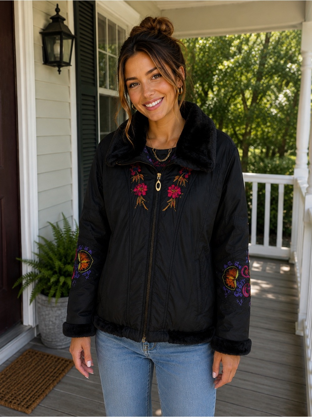 Obermeyer Ski Jacket Women's size 6 Black Pink Floral Embroidery vintage